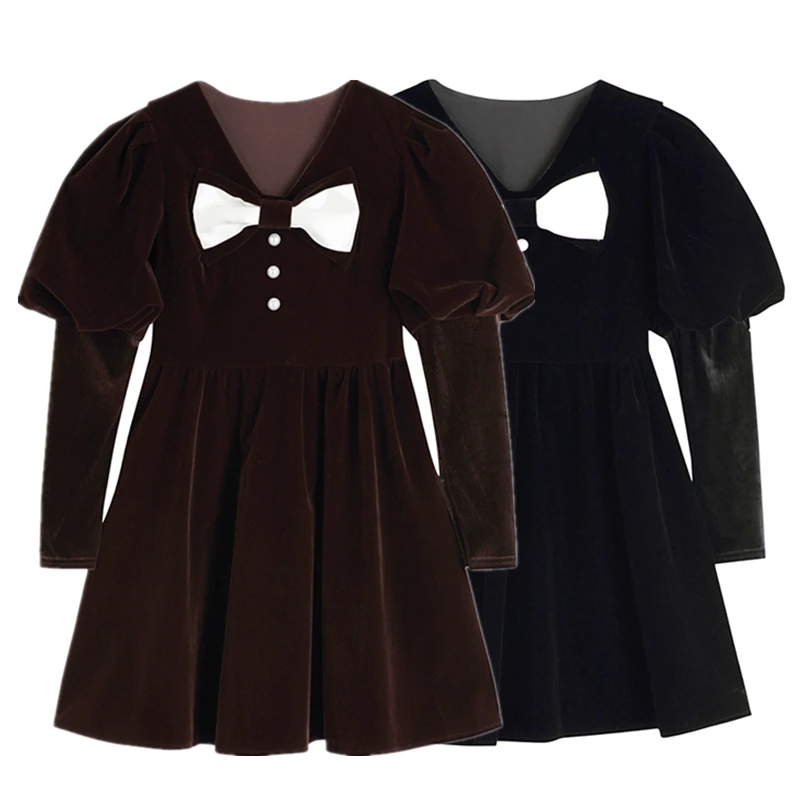 

Женское платье ретро в стиле Хепберн с французским бантом и пышными рукавами, бархатное платье с длинным рукавом и V-образным вырезом, осенн...