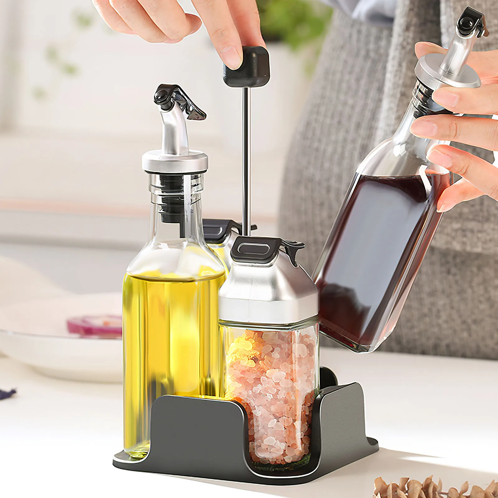 

5pcs Glass Cruet Oil Dispenser Bottles with Storage StandCreative Leak-proof Oil Vinegar Bottle Sauce Container Kitchen Tools