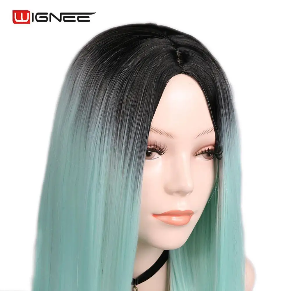 Wignee длинные прямые волосы синтетический парик Средняя часть Омбре зеленый