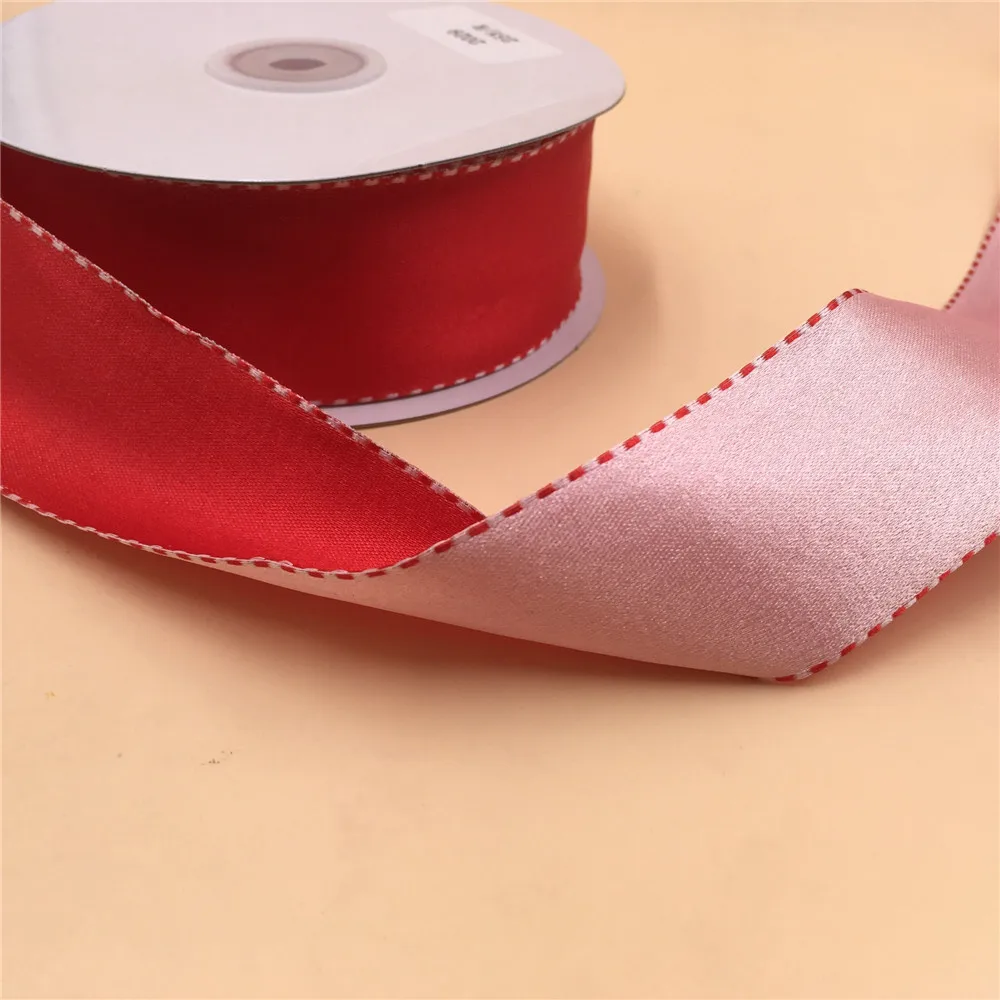 Лента с проволочной кромкой 38 мм красная белая реверсивная двухцветная для