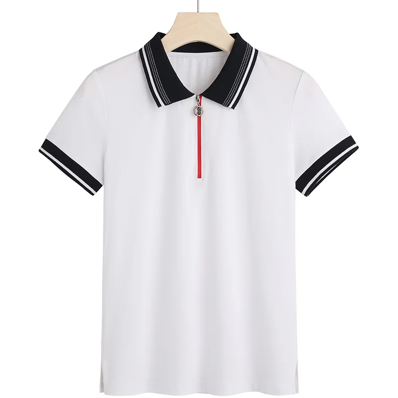 

2021 spring and summer new Korean Short Sleeve T-Shirt women's Lapel zipper polo shirt color contrast foreign style tide cotton