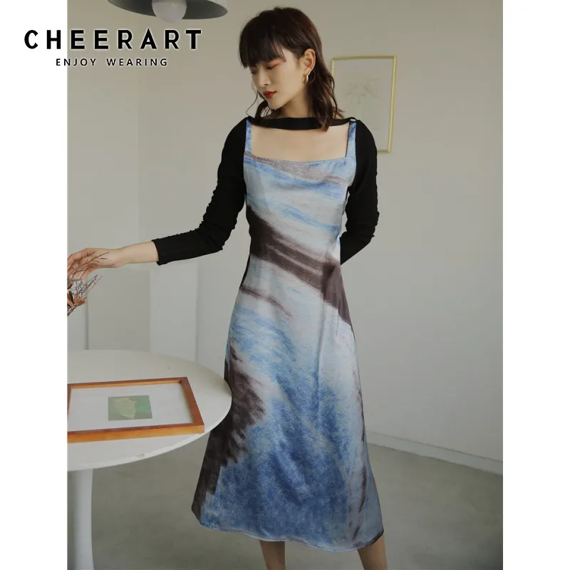 Платье CHEERART Tie Dye с длинным рукавом и квадратным вырезом масляным принтом женское