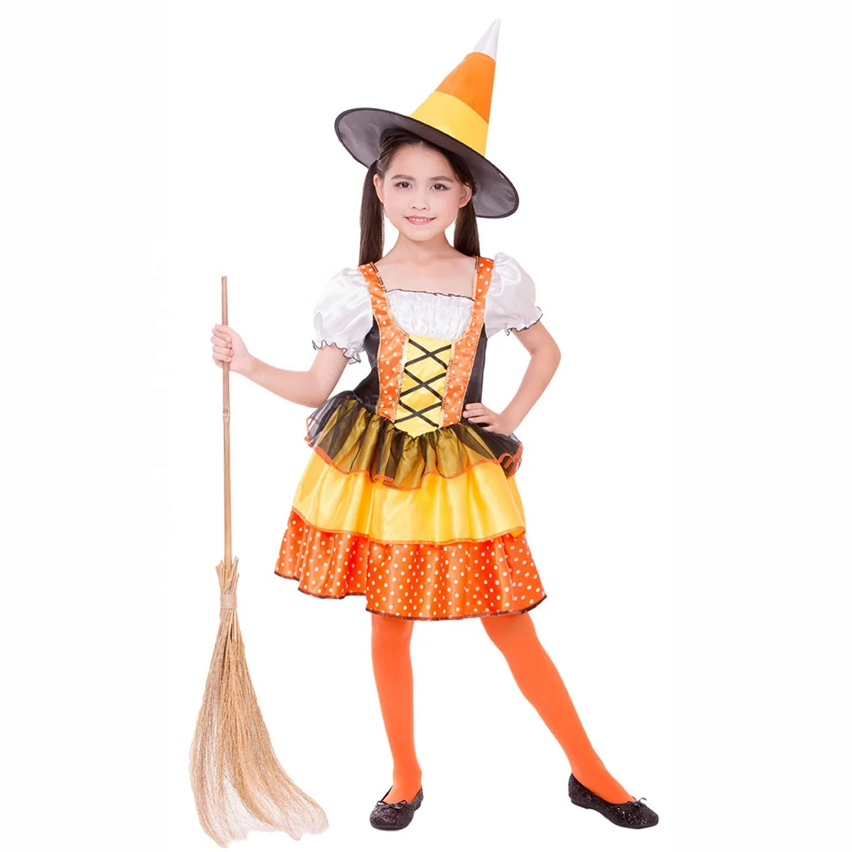 

Orange Witch Fancy Dress Set Kids Girl Cosplay Party Children Female Masquerade Show Halloween Costume Dress Decoration Carnival