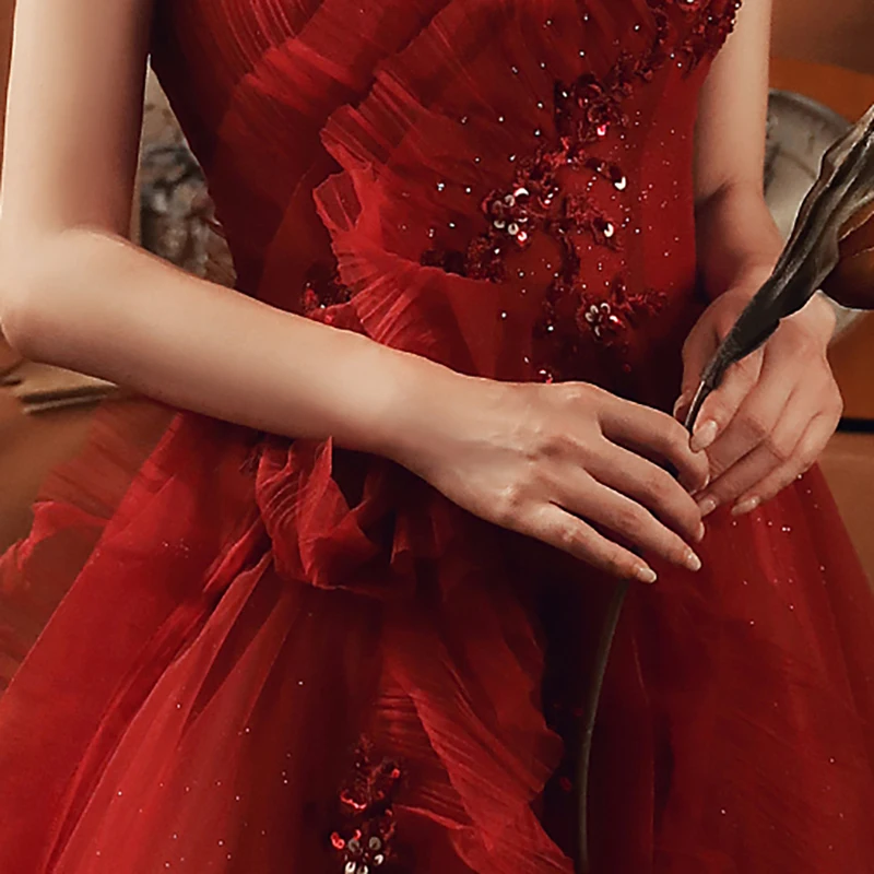 

New Burgundy Strapless Evening Dresses A-line Floor-length Simple Appliques Bling Elegant Ruched Woman Formal Party Dress A343