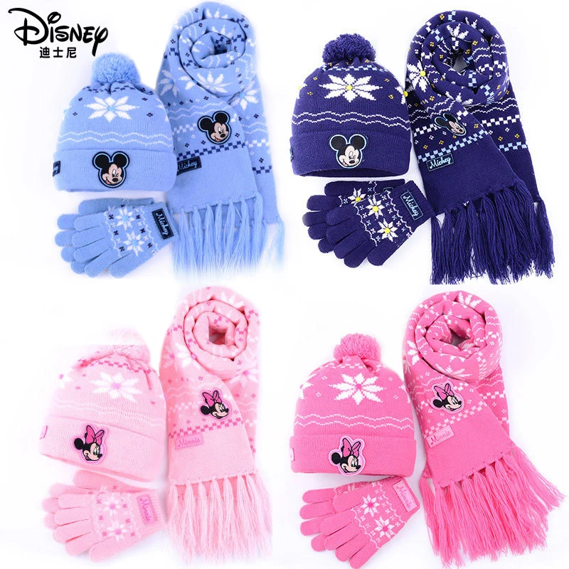Disney 3Pcs Hat Scarf Gloves Set For Kid Children Boy Girl Winter Outdoor Thick Knitted Cap Full Finger Mickey Minnie 2020 New