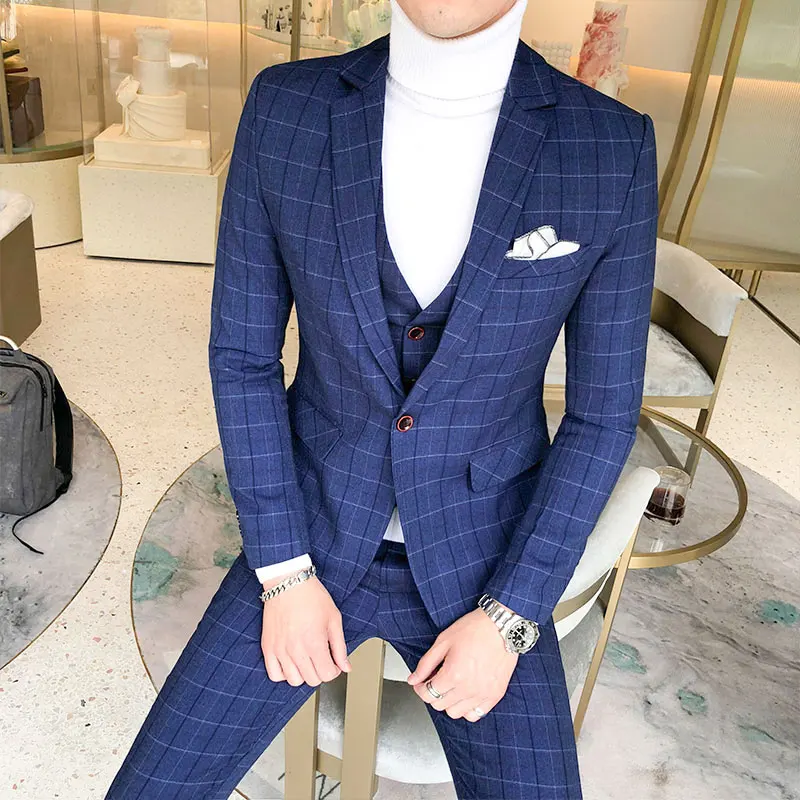 Мужской Клетчатый костюм Классический смокинг на одной пуговице облегающий для