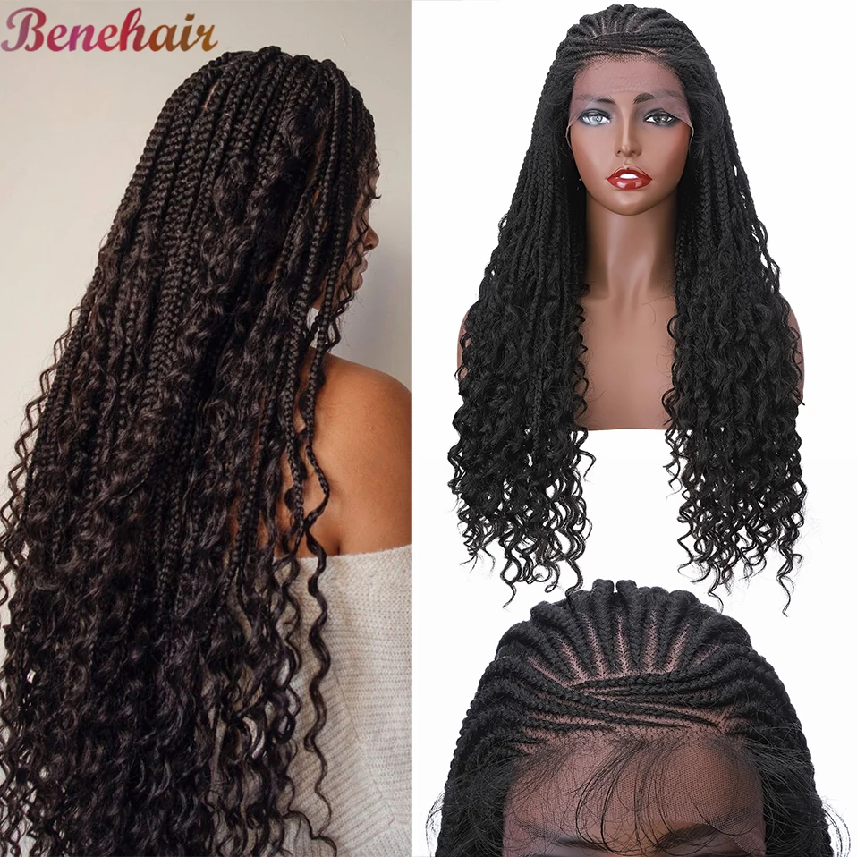 Benehair 26inch Synthetic Box Braids Wig With Lace Curly Ends Cornrow Braids Wigs With Baby Hair Ombre Blonde Knotless Afro Wig
