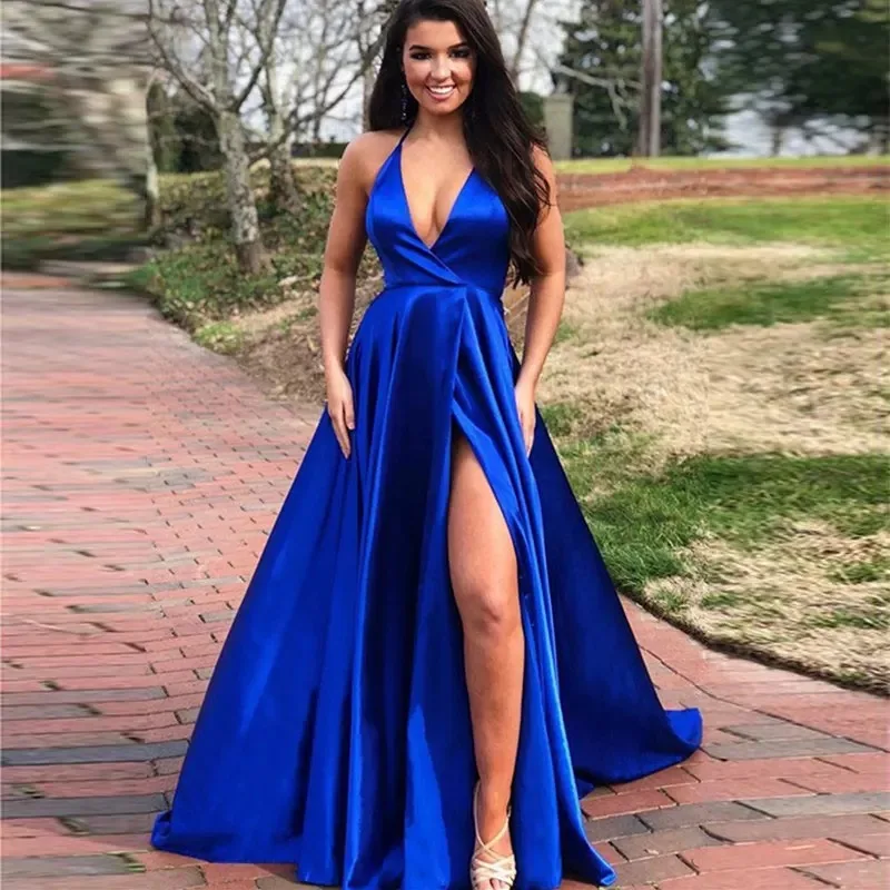 

Prom party evening dresses vestido de noiva sereia gown robe de soiree vestido novia playa royal blue sexy side slit lace-up