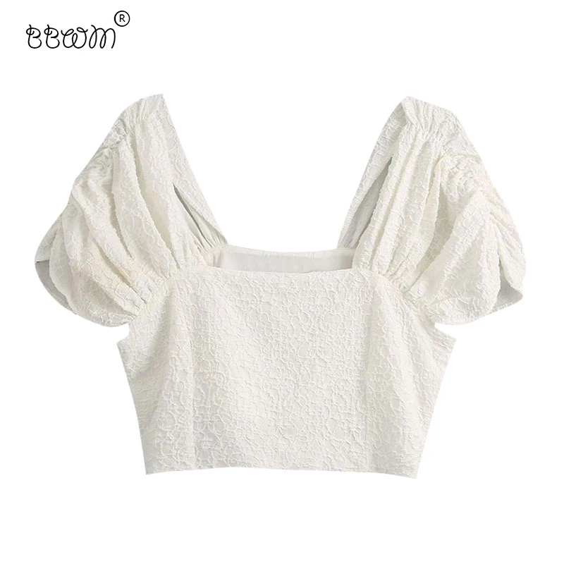 Женская текстурированная укороченная блузка с рюшами и рукавами-фонариками