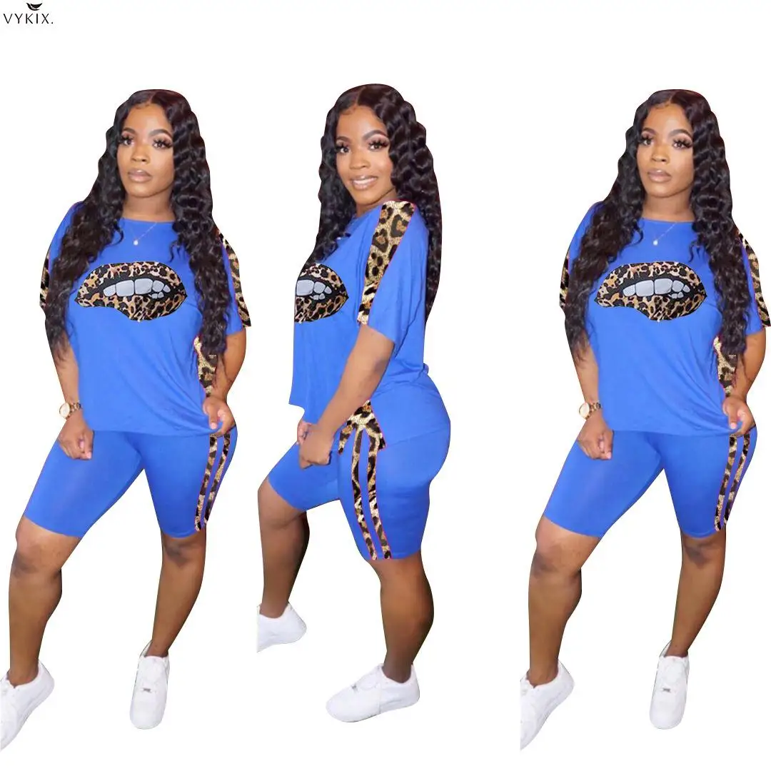 

Sport Women Set Two Piece Set Tracksuits Leopard Lips Tee Tops Knee Length Jogger Pants Suits Fitness Club Outfits Matching Sets