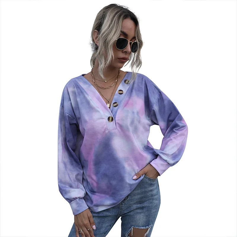 

Fashion Tie-dye T-shirt Women's Top Casual Long-sleeved V-neck Cutout Sweater Loose Pullover Fashion Women's Printed T-shirt Plu