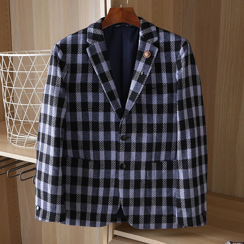 Осенне зимний мужской утепленный клетчатый Блейзер Модный деловой Повседневный