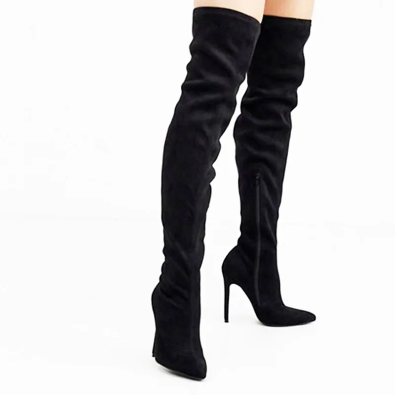 

Женские черные замшевые ботфорты с острым носком на шпильке, Сапоги выше колена с внутренней молнией, женские модные длинные сапоги, 2021