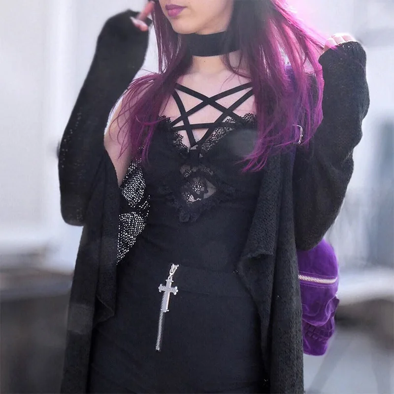 

Bodycon Sexy Black Camis Gothic Pentegram Hollow Out Sleeveless Lace Tank Tops Streetwear Punk Camisoles HarajuKU Top