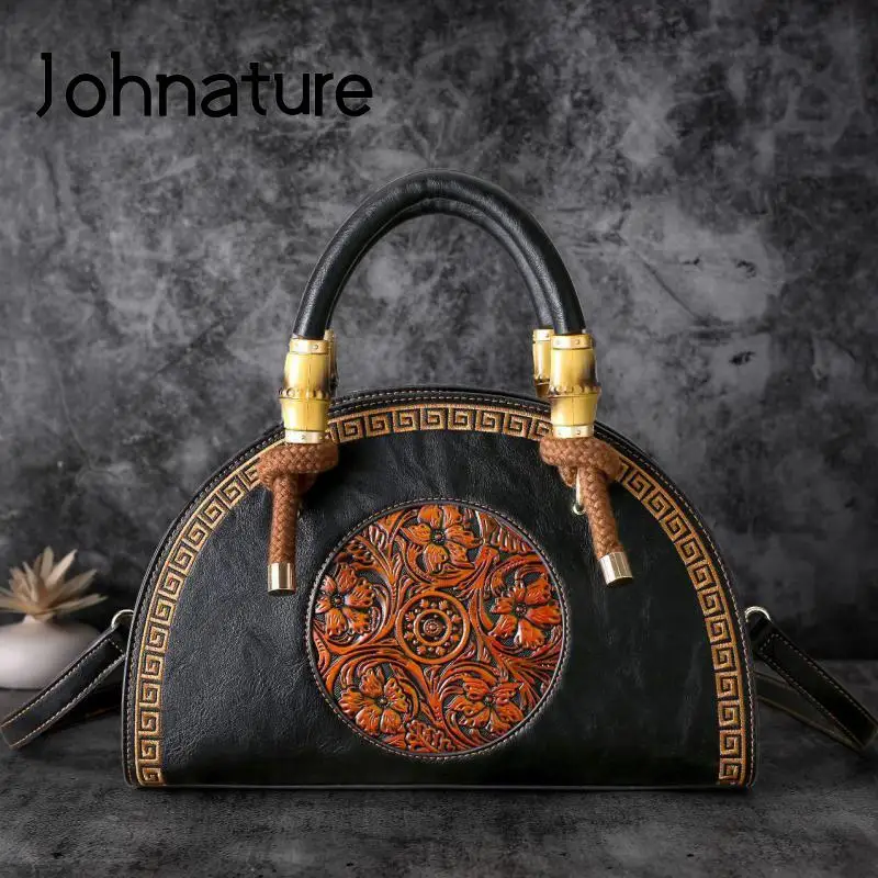 

Женская кожаная сумка в стиле ретро Johnature, вместительная универсальная сумка через плечо с тиснением, ручной работы, роскошный саквояж, осен...