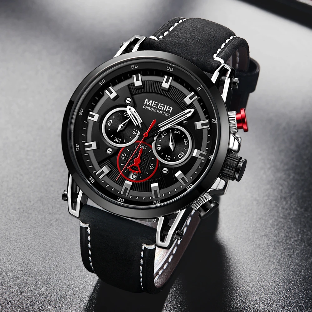 

2021MEGIR NEW Mens Watches Top Brand Luxury Waterproof 24 Hour Date Quartz Clock Male Leather Sport Wristwatch Relogio Masculino