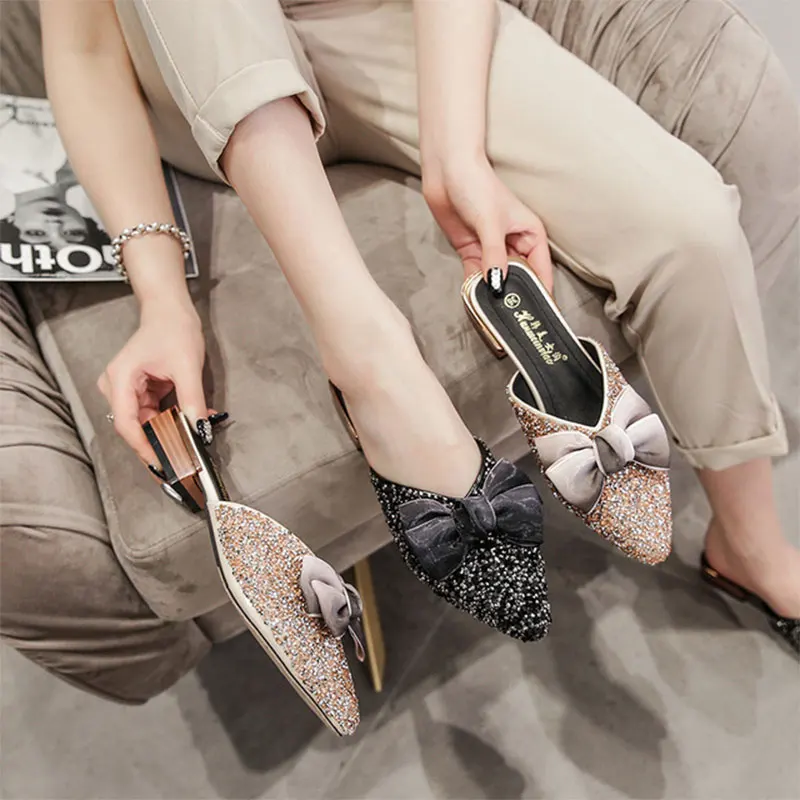 

Summer 2020 Luxury Ladies Muller Shoes Bow Sequined Rhinestone Ladies Slippers 2021 New Low Heel Flat Ladies Casual Shoes