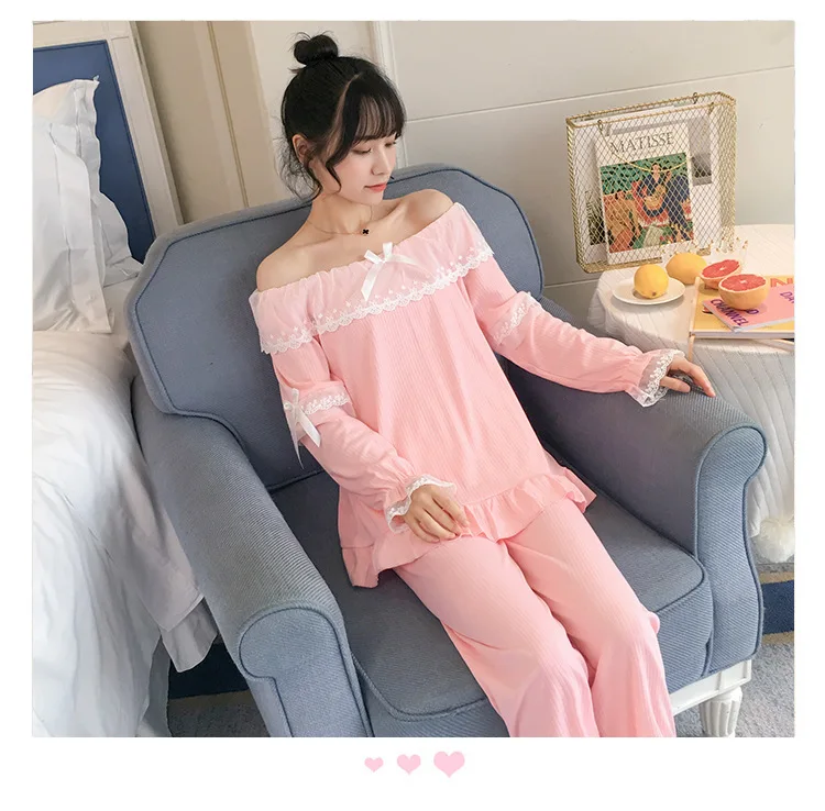 

Women Cotton Pajamas Spring and Autumn Long-sleeved Princess Style Sweet and Cute Solid Color Homewear Comfortable Lace Pajamas
