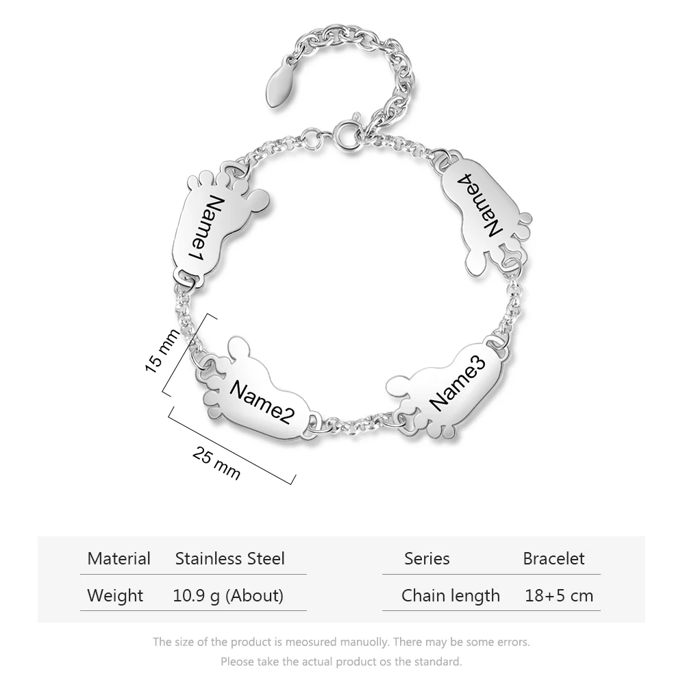 Custom Feet Name Bracelet Engraved Names Symbols Date Round Stainless Steel Adjustable Letter Bangle For Women Mom Kids Gifts