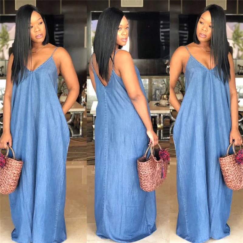 2019 Boho Autumn Women Modis Denim Maxi Dress Backelss Long Ladies Loose Casual Solid Jean Vestido Plus Size | Женская одежда
