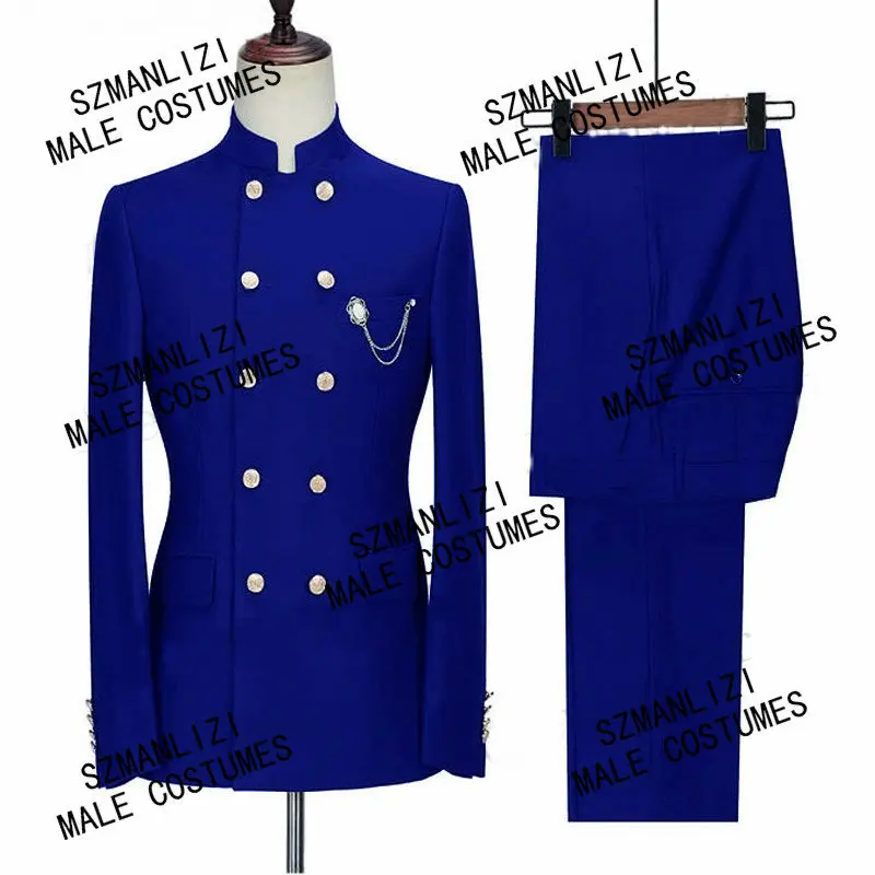 Costume Hommes Royal Blue Double Breasted Men Suits Stand Collar Wedding Suits For Men Slim Fit Prom Tuxedos Groom Suit Blazer