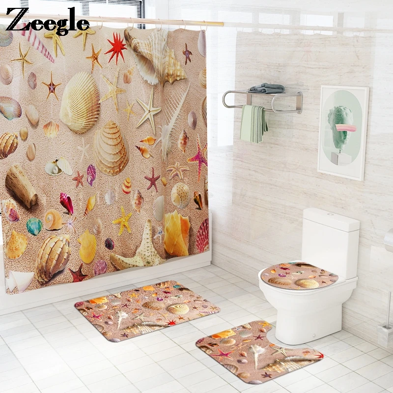 

Beach Style Shower Curtain and Toilet Mat Set Bathroom Carpet Rug Shower Room Decor Floor Carpet Non-slip U-Shaped Toilet Rug