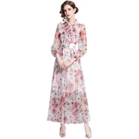 2021 summer fashion runway bohemian chiffon beach dress bow coller pink floral print elegant party vacation lantem sleeve dress