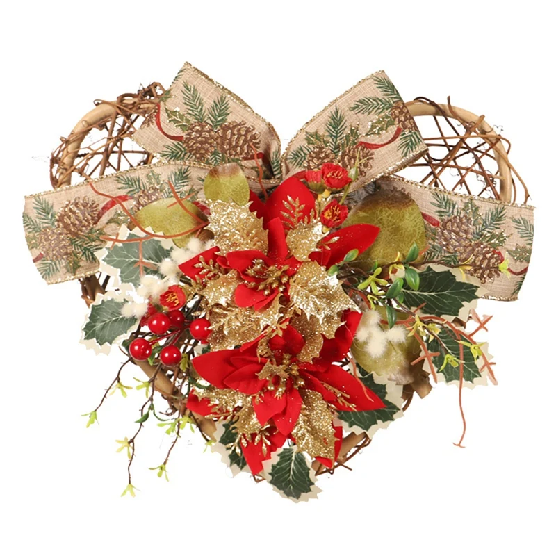 

Искусственный Рождественский цветочный венок в форме сердца с ягодами, атласная лента для передней двери, фотообои