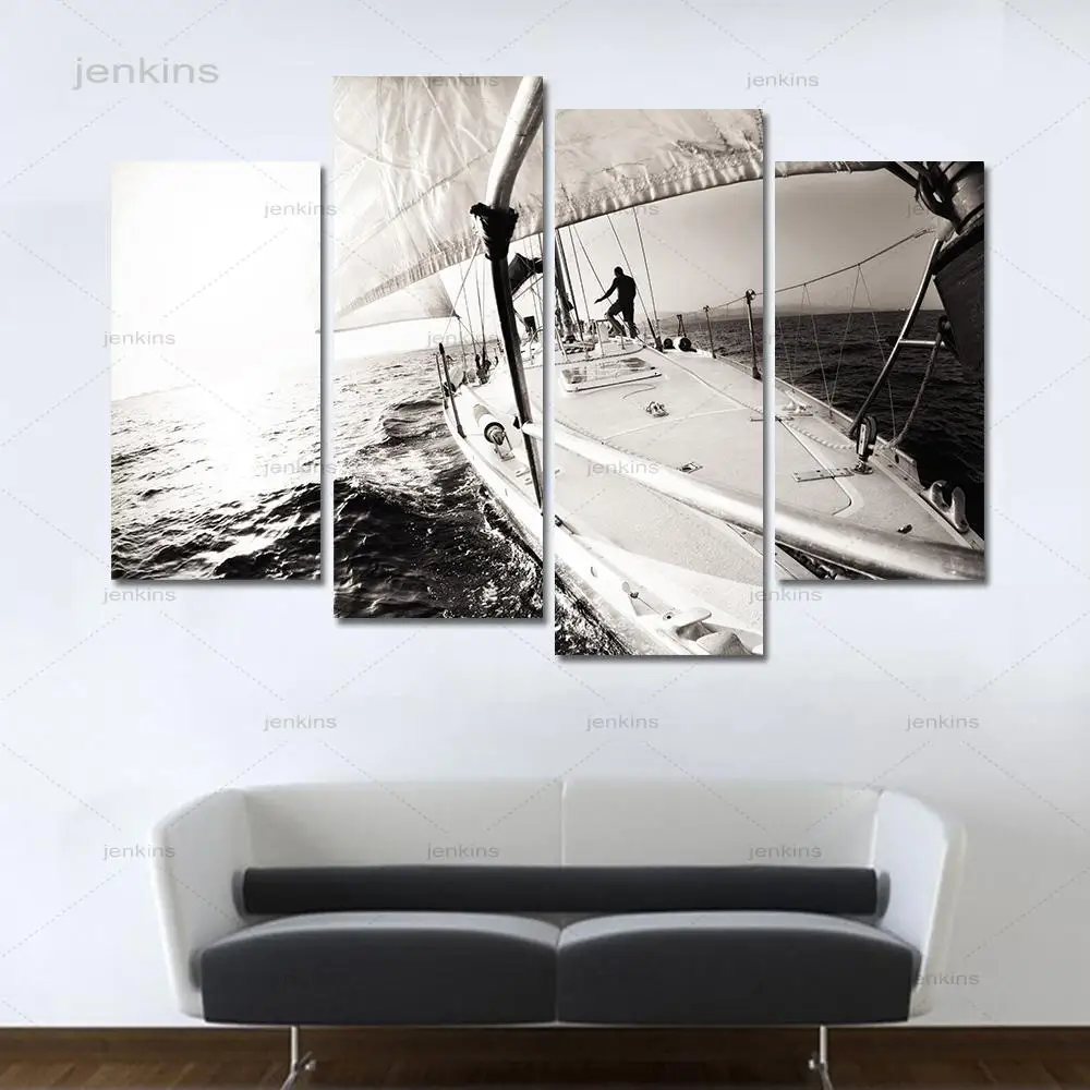 

4 шт. черно-белая лодка морской пейзаж, Современная Картина на холсте, настенные картины, украшения для дома, плакаты для гостиной