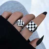 aprilwell 2pcs punk checkerboard rings for women silver color 2021 trend gothic hip hop heart anillos kpop fashion jewelry gifts