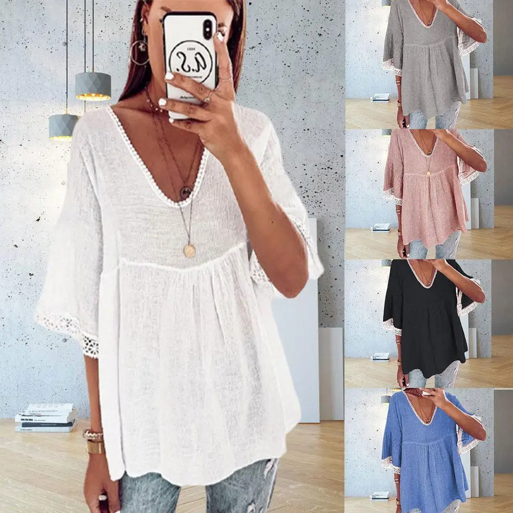 

Color V-neck Lace Women's T-shirt Fashion Stitching Tops Summer Casual Pullover Loose T Short-sleeved Woman T-shirt