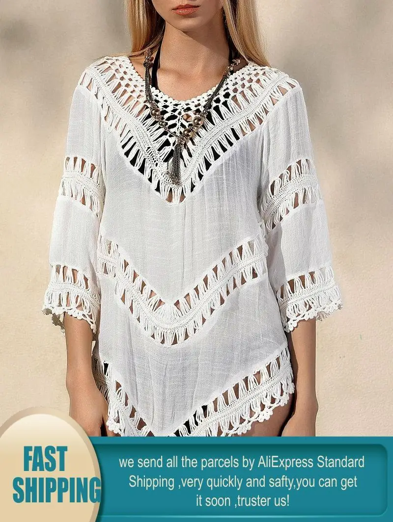 2020 белое пляжное кимоно женские летние топы с вырезами из хлопка Пляжная блузка