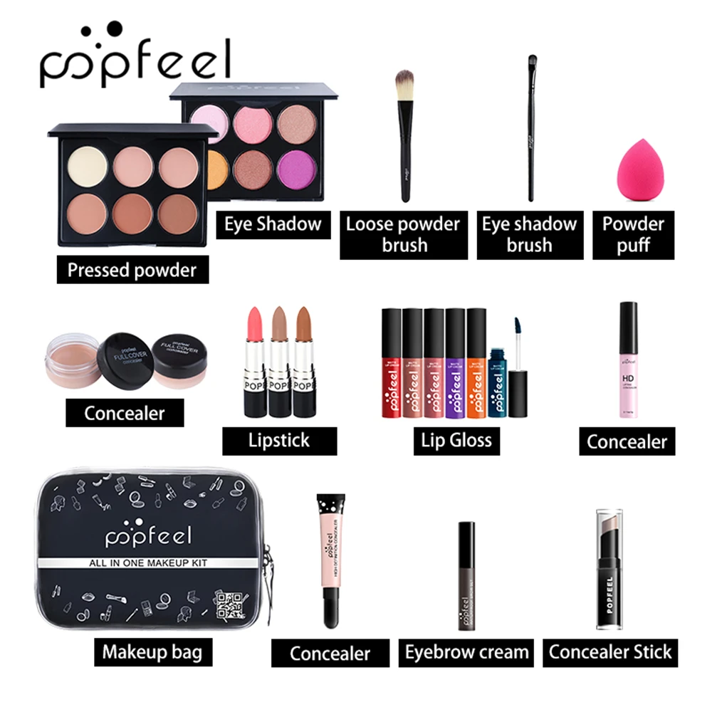 POPFEEL все в одном набор для макияжа (тени век блеск губ помада кисти брови консилер)