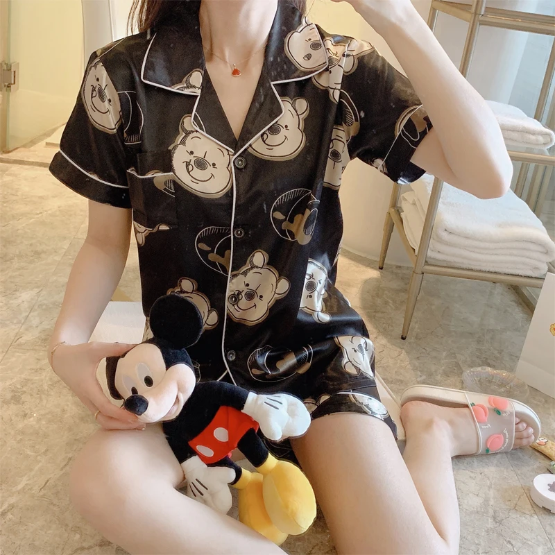 Женская пижама размера плюс Летняя шелковая с принтом|Комплекты пижам| |