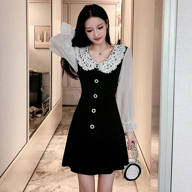Женское винтажное платье с пуговицами элегантное черное мини-платье в стиле