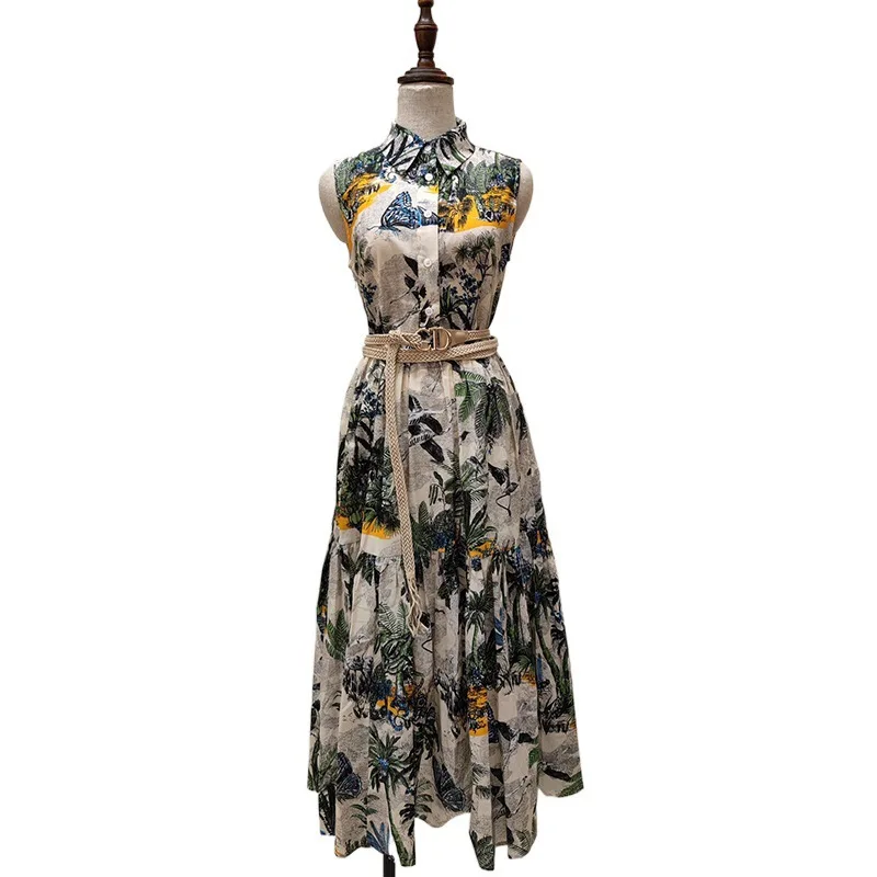 

2021 Summer New Women Clothing Vintage Lapels Floral Print Dress Sleeveless Slim-Fit Belt Tank Dress Holiday Big Swing Vestidos
