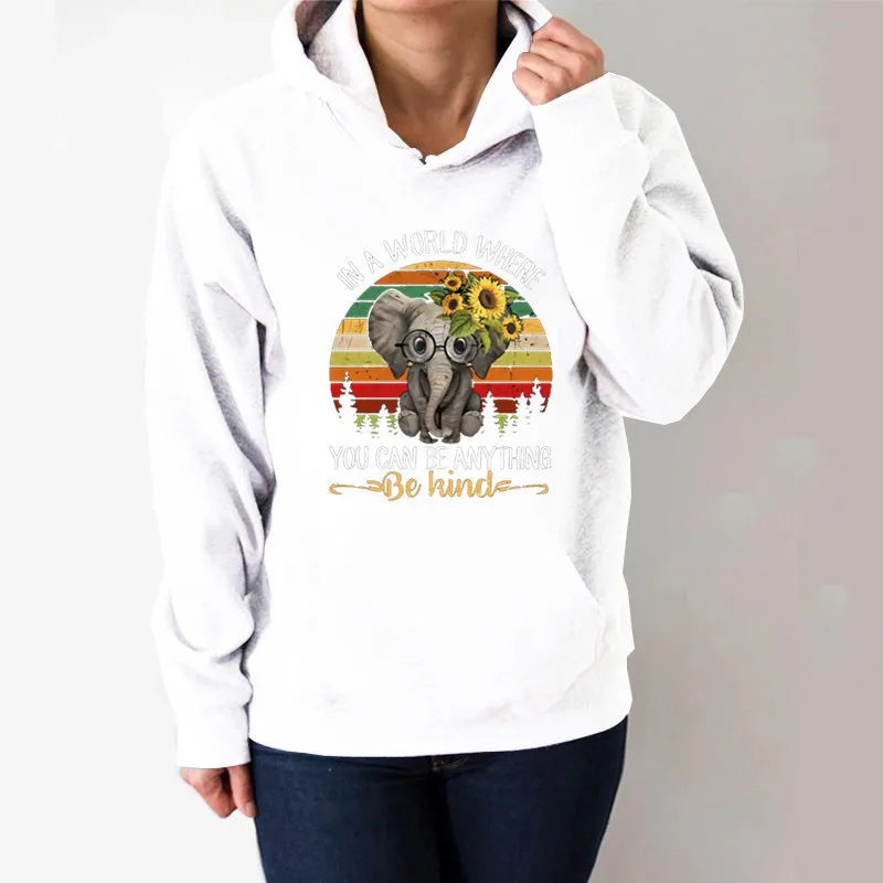 

You Can Be Anything Elephant Stripes Printed Hoodies Women Fleece Long Sleeve Sweatshirt with Hat Girls Women Hoodie Pullovers