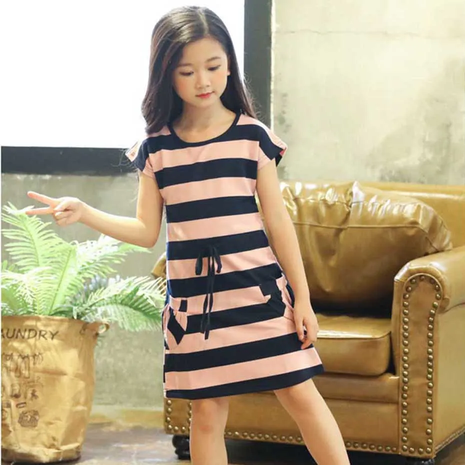 Хлопковое платье для девочек 6 8 10 12 14 лет в полоску | Детская одежда и обувь