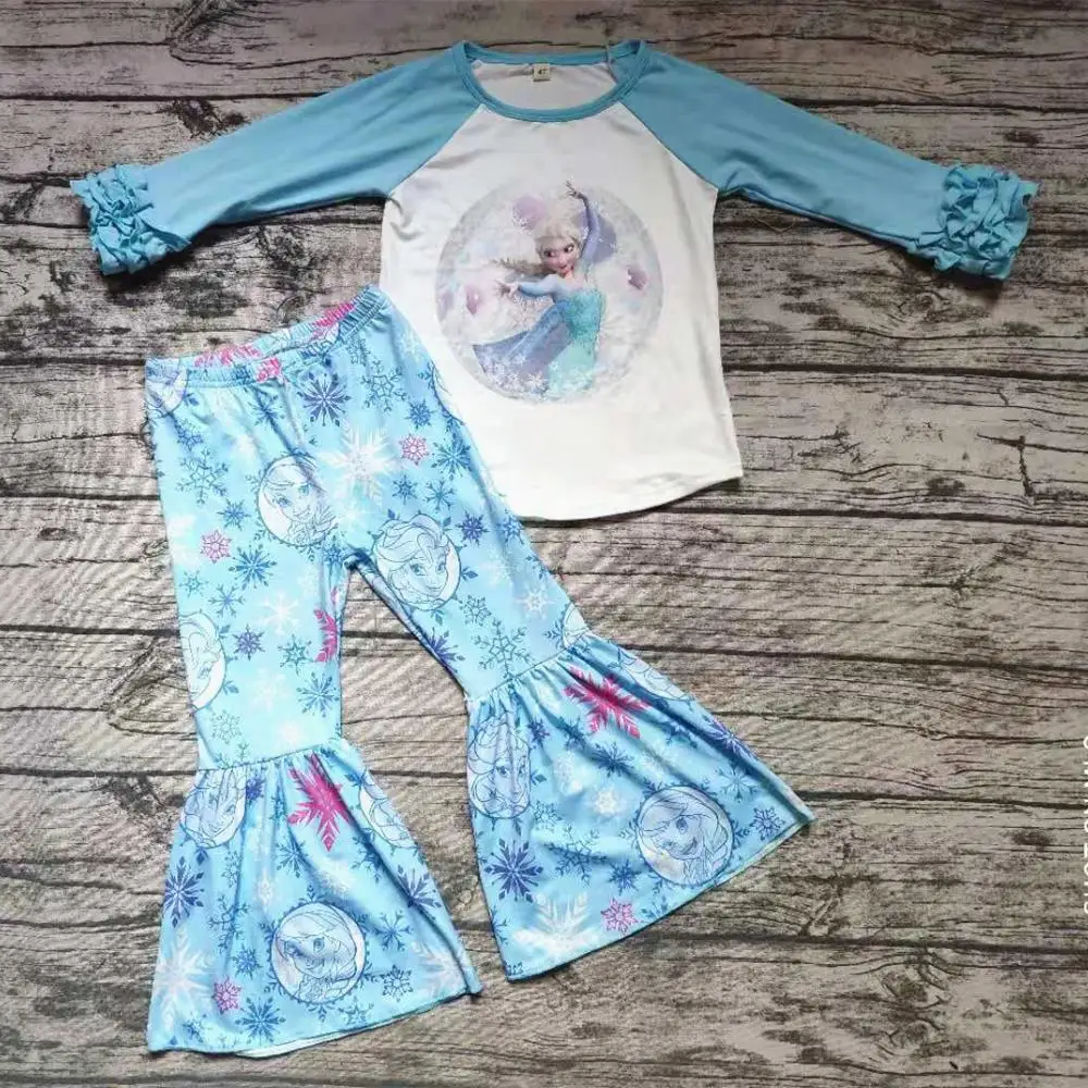 

Hot sale baby girl boutique set ruffle top bell bottom pants with icy girl print