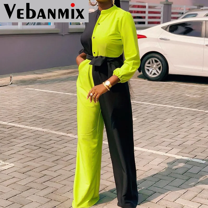 

Ladies active two-color patchwork long-sleeved button belt jumpsuit, one-piece overall jumpsuit, spring and winter fashion hot