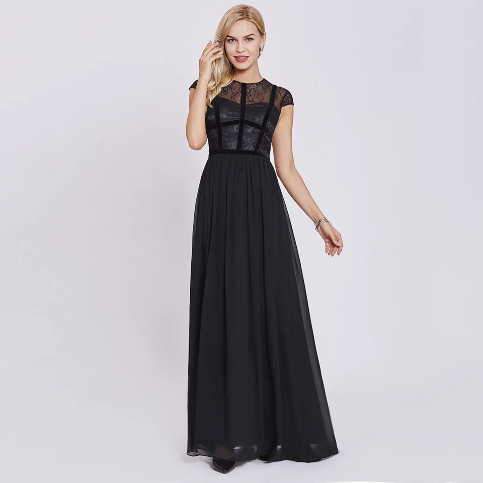 Dressv черный, глубокое круглое декольте длинное вечернее платье кружевной рукав-крылышко свадебное вечернее платье ТРАПЕЦИЕВИДНОЕ вечернее платье es - Цвет: Black