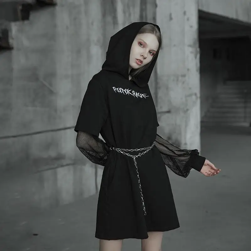 Женское кружевное платье в стиле панк с длинным рукавом Повседневное капюшоном и