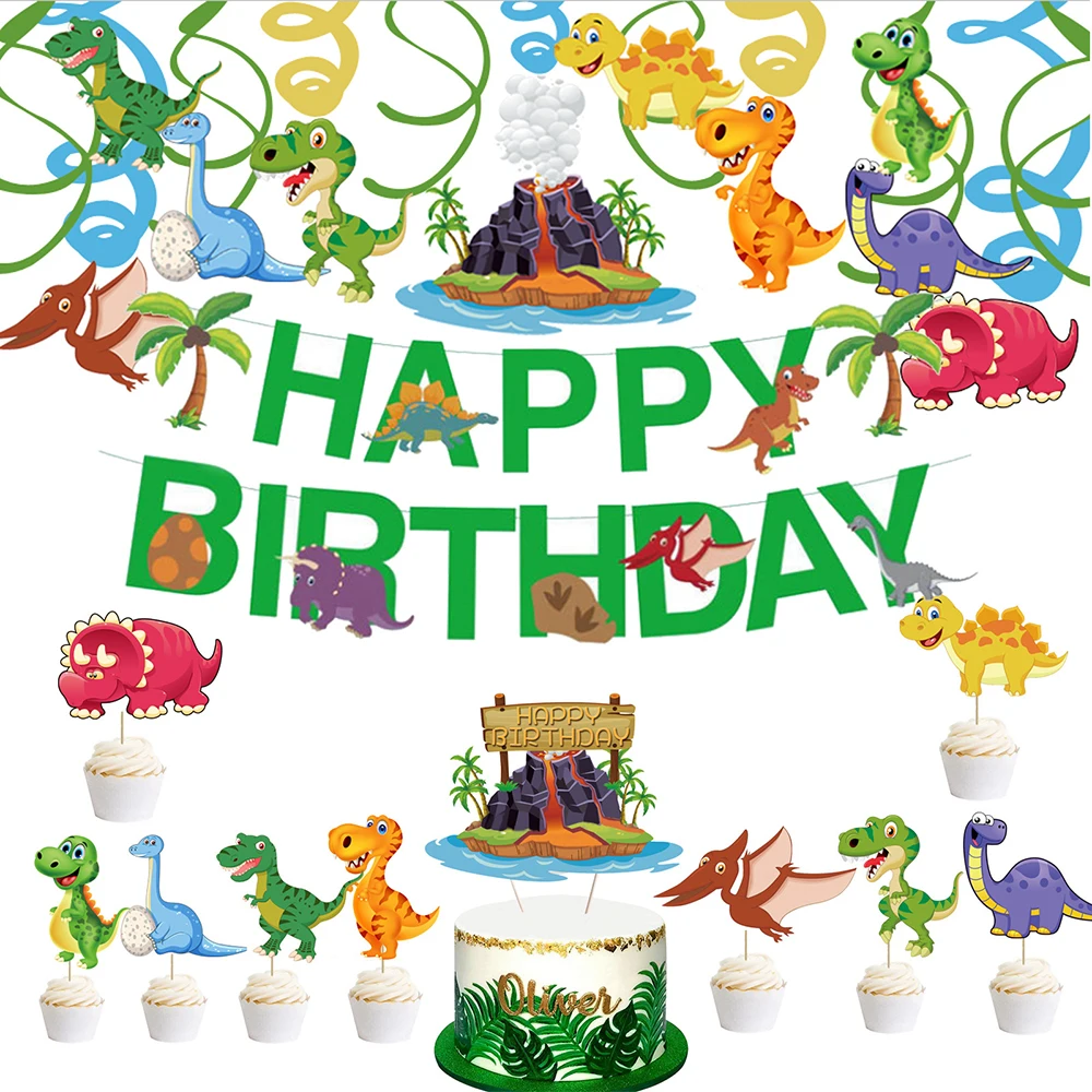 Boys Dinosaur Roar Wild One HAPPY BIRTHDAY Wall Hanging Banner Supplies Swirls Spiral Cake Toppers Baby Shower Party Decorations