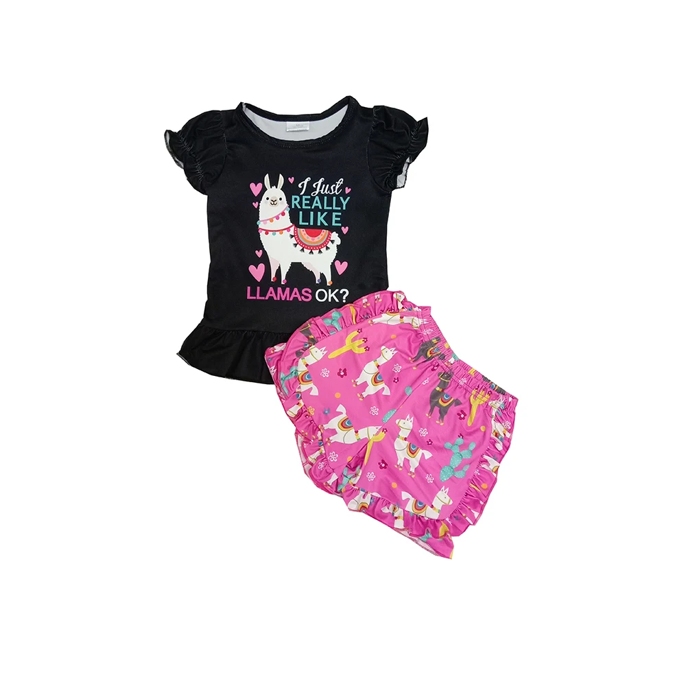 

Free shipping baby girls children boutique fashion cute llama print black top fuchsia shorts 2pcs outfits clothing sets clothes
