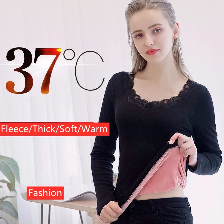 

Winter Women's Thermal Underwear Fashion Slim Bodycare Sexy Lace Collar Design Fleece Inside Underwaist Female Warm Pullover Top