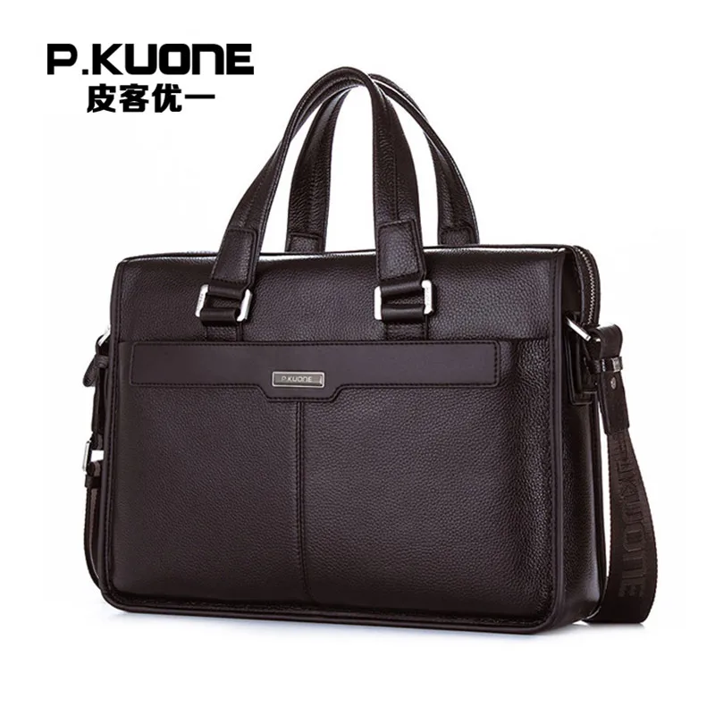 P.kuone luxury brand men bag genuine leather handbag shoulder bags large capacity business men briefcase laptop