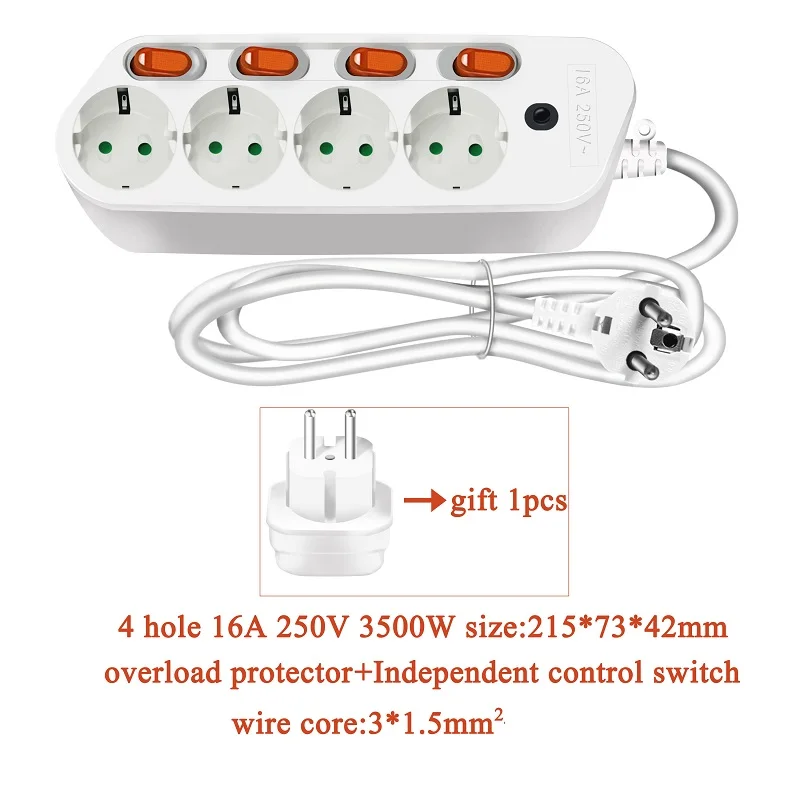 4AC Output Штепсельная вилка европейского стандарта, 6 розеток, мощность 250 в 16 А, силовая лента, штепсельная вилка европейского стандарта, штепсельная вилка, сетевой адаптер, удлинитель 1,5 м 2,5 м Независимый выключатель - Цвет: 4AC Output