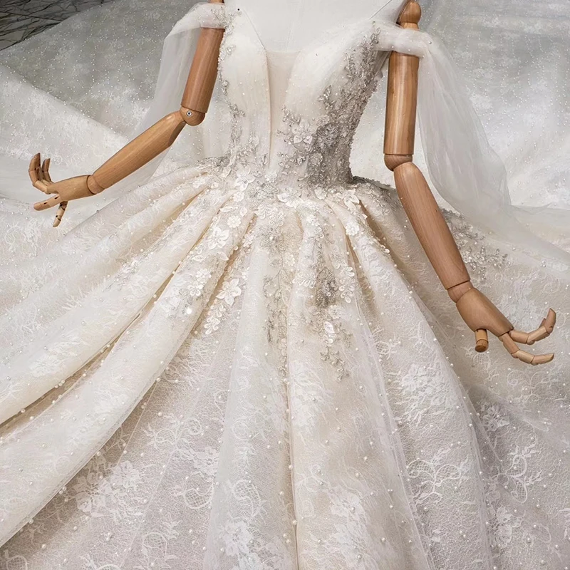 HTL906 Covered Beads Sequined Wedding Dress 2020 Short Sleeve V-Neck Off The Shoulder Ball Gowns Big Train
