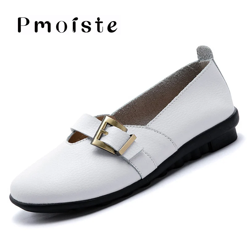 

Genuine leather shoes Women Plus size 9-12 Buckle Fashion Dress Loafers for woman Comfortable Flats shoes Students