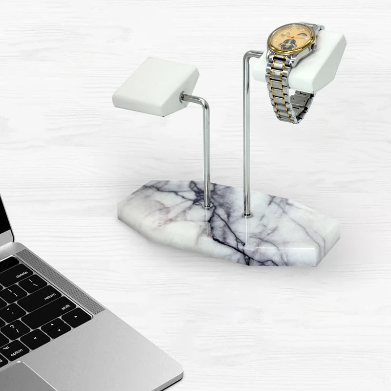 

White Marble Silver Support Rod Watch Stand Display Stand White PU Leather Double Watch Jewelry Bracelet Storage Rack